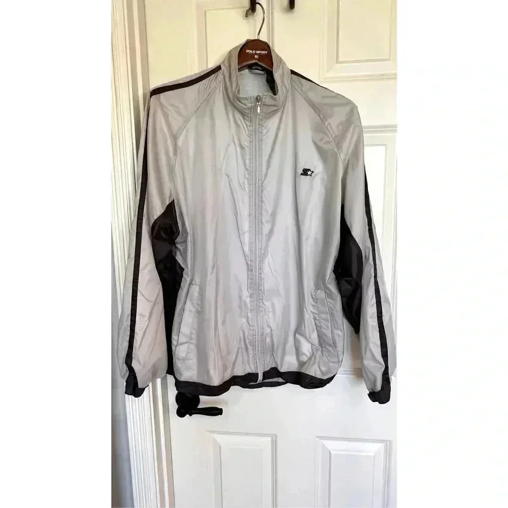 Vintage Y2K Starter Grey‎ Black Full Zip Nylon Windbreaker Jacket Coat Men’s L